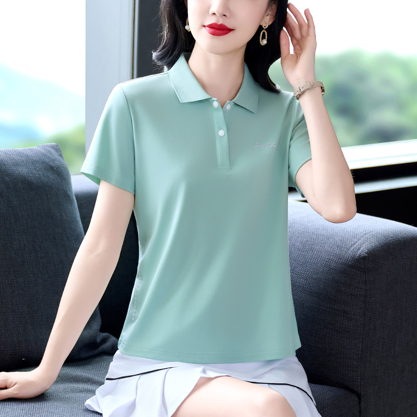 品牌polo衫t恤女翻领短袖中年女士妈妈夏季新款透气大码修身上衣