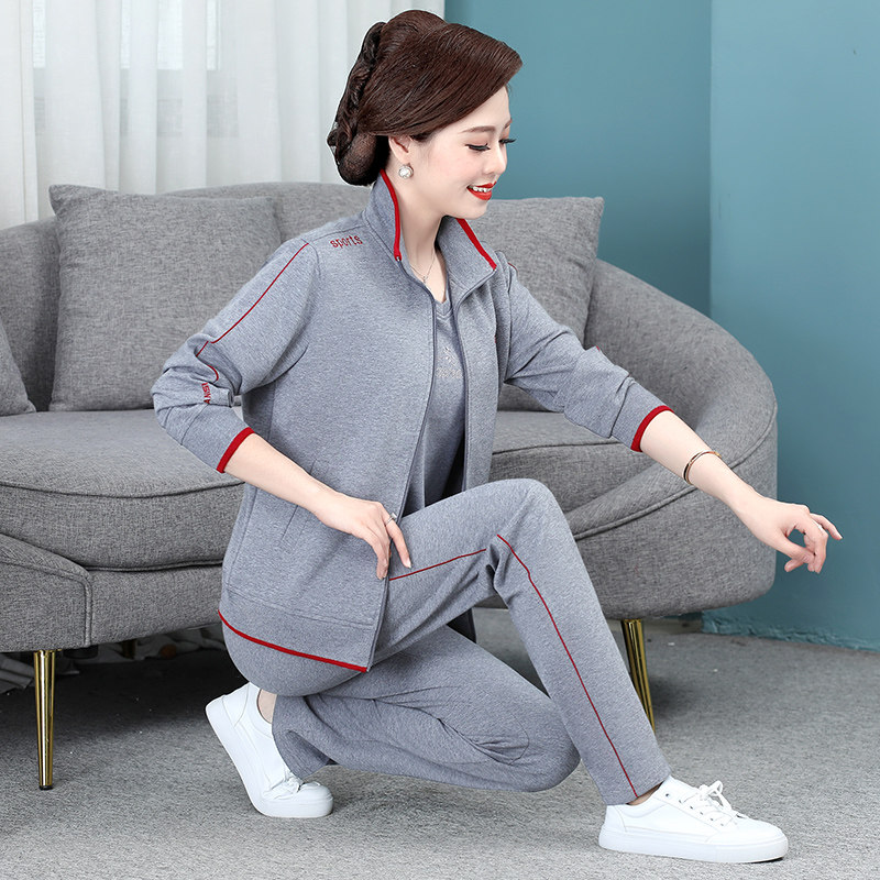 妈妈运动服套装春秋大码中年妇女两件套中老年人秋冬洋气外套印字