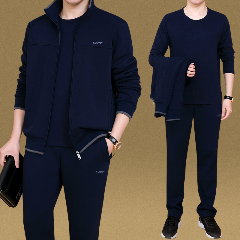 男春秋冬季休闲爸爸装2025新款中老年男运动服套装加绒加厚三件套