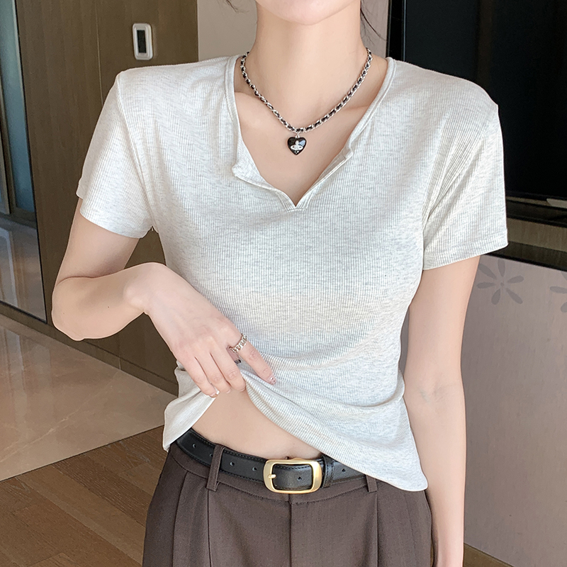 灰白色美式正肩短袖t恤女夏2024新款爆款设计感小众白色宽松上衣