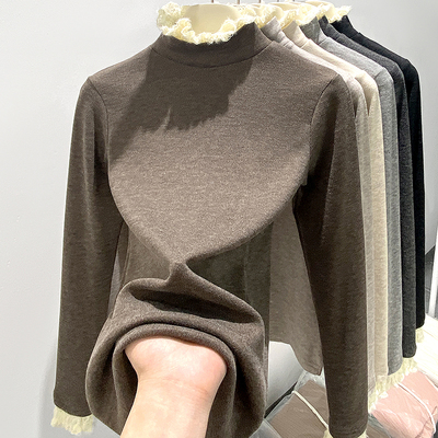 拼接蕾丝花边半高领打底衫女秋冬季内搭2024新款修身加厚保暖上衣