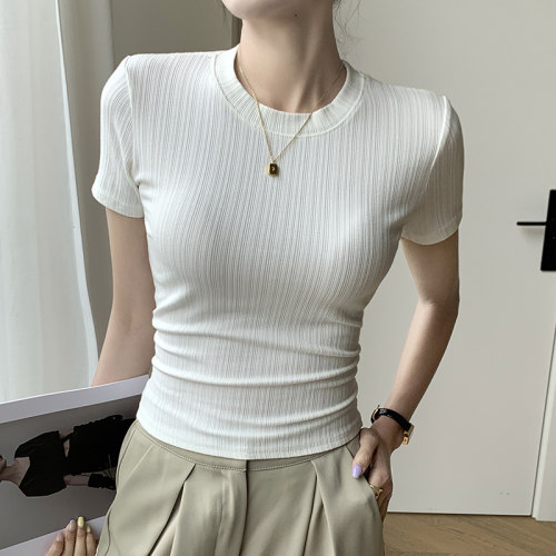 美式正肩短袖T恤女夏季2026新款黑白色修身设计感小众打底上衣女