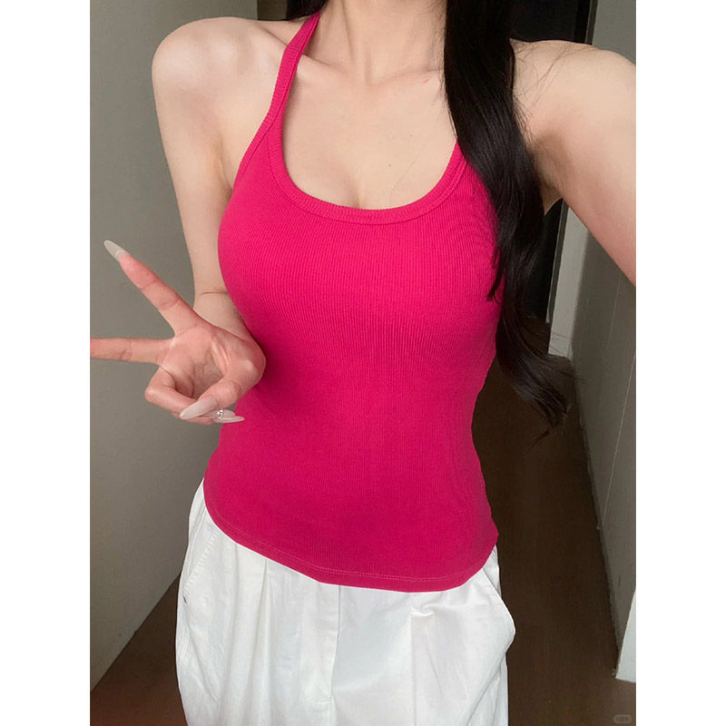 火龙果色带胸垫吊带背心女内搭夏季工字挂脖健身运动美背外穿上衣