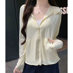 UPF99+鹅黄冰丝防晒衣女夏季薄款防紫外线户外连帽防晒服开衫外套