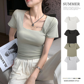 露锁骨打底衫 内搭低领修身 甜辣外穿上衣潮 t恤女夏季 纯棉方领短袖