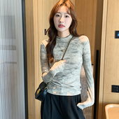 正肩袖 修身 扎染设计外穿上衣 女内搭秋冬2024新款 半高领迷彩打底衫