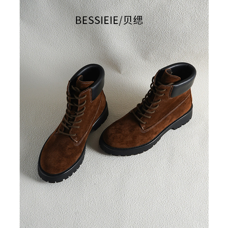 【新品】BESSIEIE/贝缌 圆头马丁靴中跟增高棕色低筒复古女靴