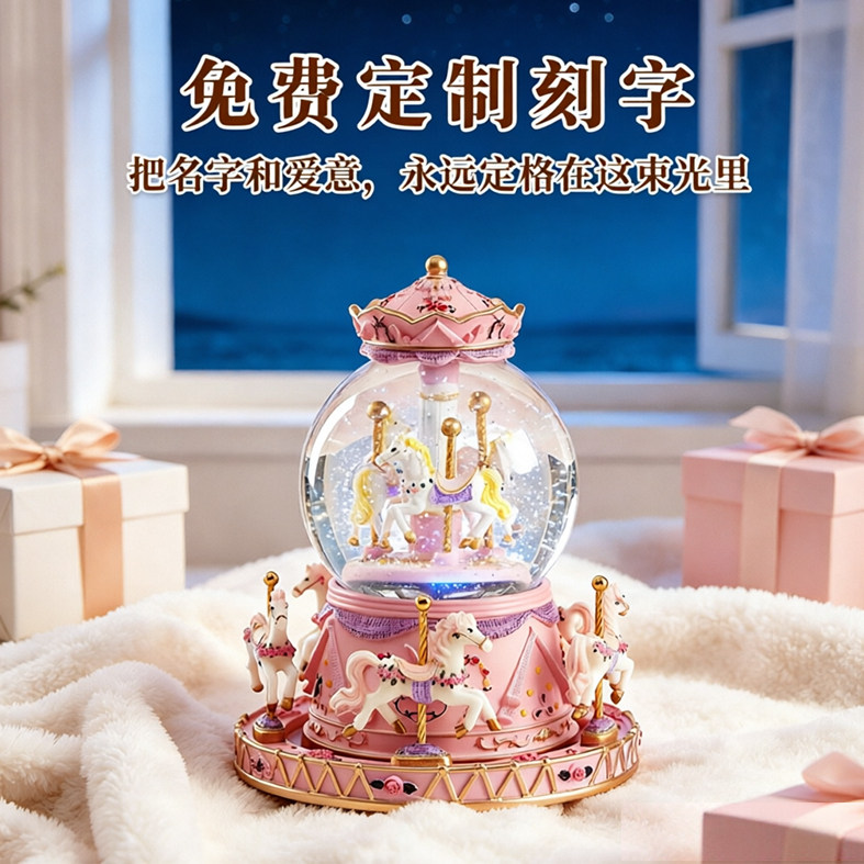 水晶球旋转木马音乐盒八音盒小女孩生日礼物女生儿童实用摆件刻字