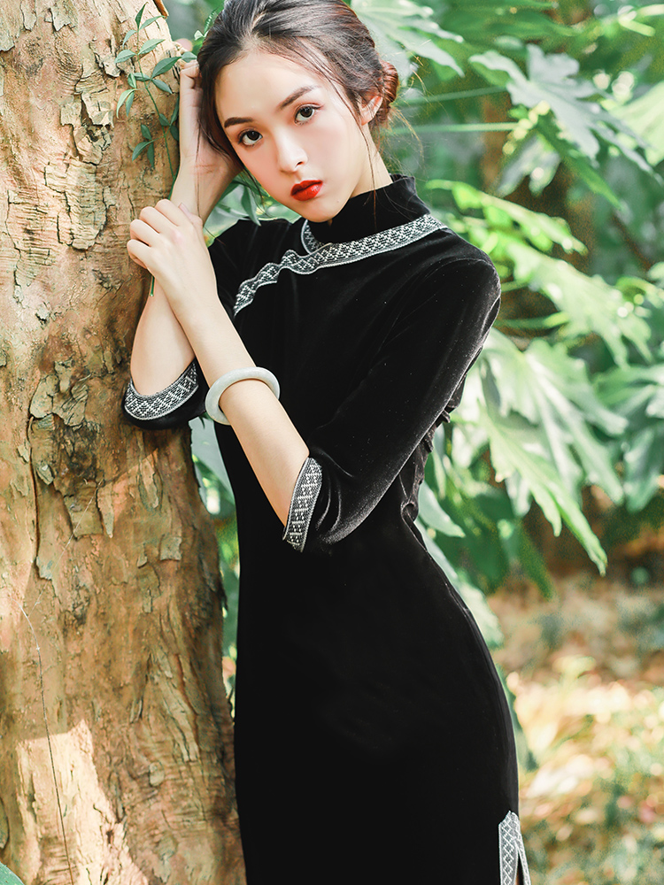 长款黑色年轻款日常复古优雅旗袍