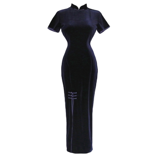 藏青色丝绒旗袍女复古中国风改良版高端连衣裙性感时尚中长款秋季