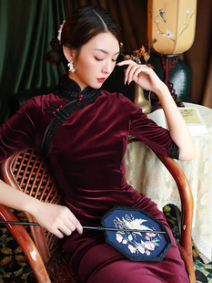 中袖 女复古中国风改良版 连衣裙女秋 气质长款 酒红色旗袍2020年新款