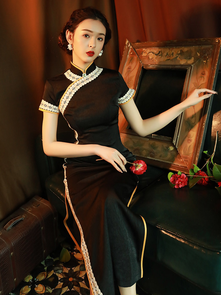 黑色旗袍2021年新款法式蚀骨长款复古气质优雅改良版连衣裙女夏季