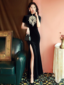 老上海改良版 黑色丝绒旗袍2022年新款 性感鱼尾高开叉长款 连衣裙女
