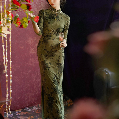 新中式绿色长袖显瘦旗袍连衣裙