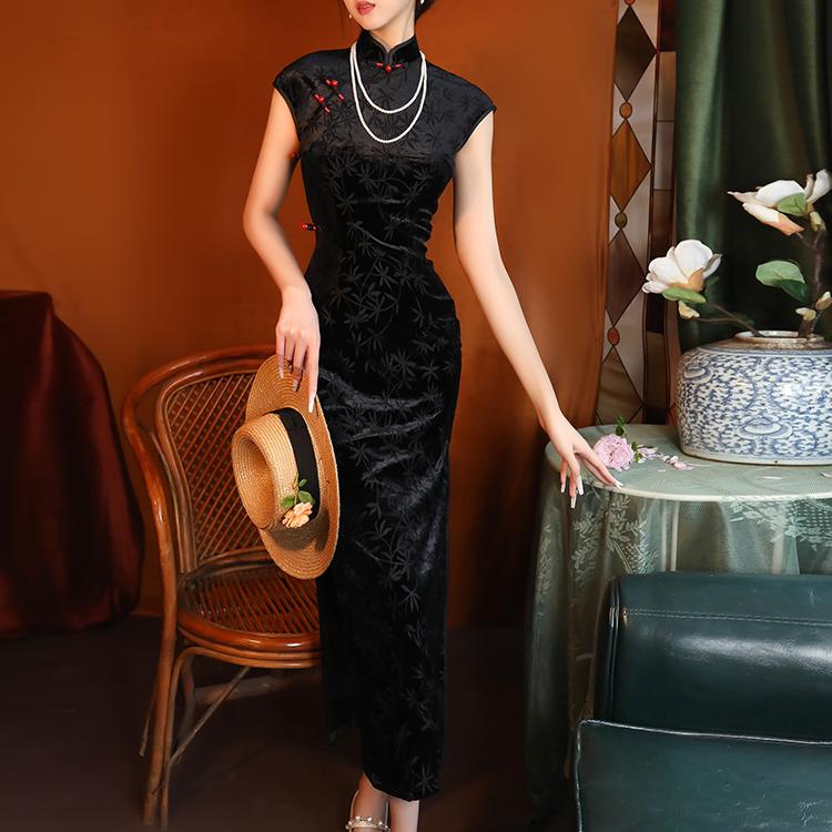 黑色丝绒旗袍2024新款改良复古中国风高端气质长款日常可穿连衣裙