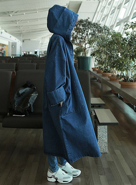 春秋长款连帽水洗牛仔外套女韩版新款过膝休闲开衫bf百搭简约风衣