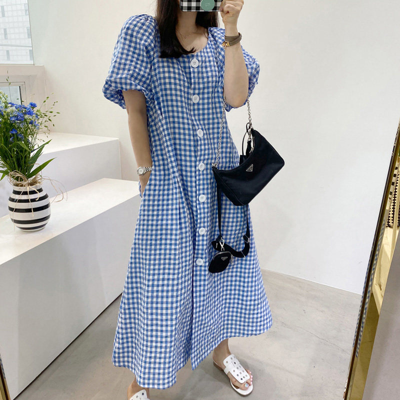 夏季新款气质格子衬衫裙女韩版宽松显瘦中长款过膝A字型连衣裙潮图片