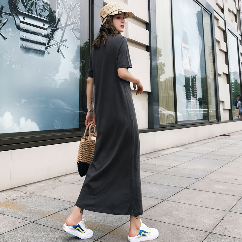 夏季新款纯棉长款t恤裙女韩版宽松显瘦过膝直筒连衣裙bf休闲长裙