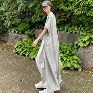 夏季新款休闲蝙蝠袖T恤裙女韩版宽松显瘦大码过膝连衣裙直筒长裙