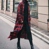 格子长袖 衬衫 女韩版 春秋新款 中长款 宽松过膝衬衣休闲风开叉薄外套