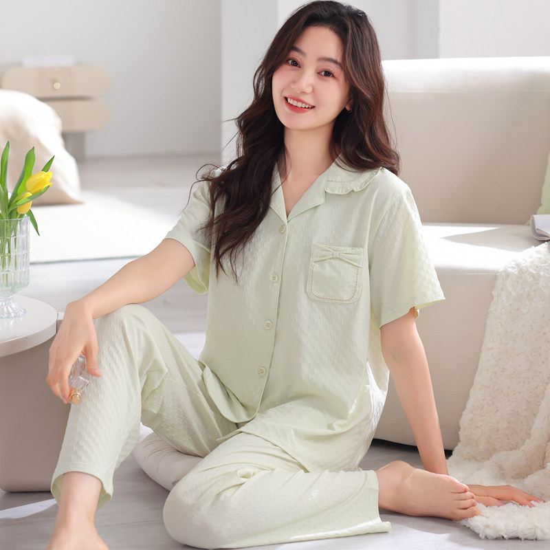 睡衣女纯棉开衫翻领薄款夏天全棉宽松舒适短袖家居服休闲简约套装