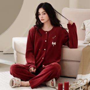 女士红色海岛绒睡衣秋冬季 可外穿珊瑚绒本命年加厚薄绒家居服套装