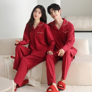 家居服新婚结婚全棉套装 大红纯棉男女睡衣本命年休闲开衫 情侣长袖