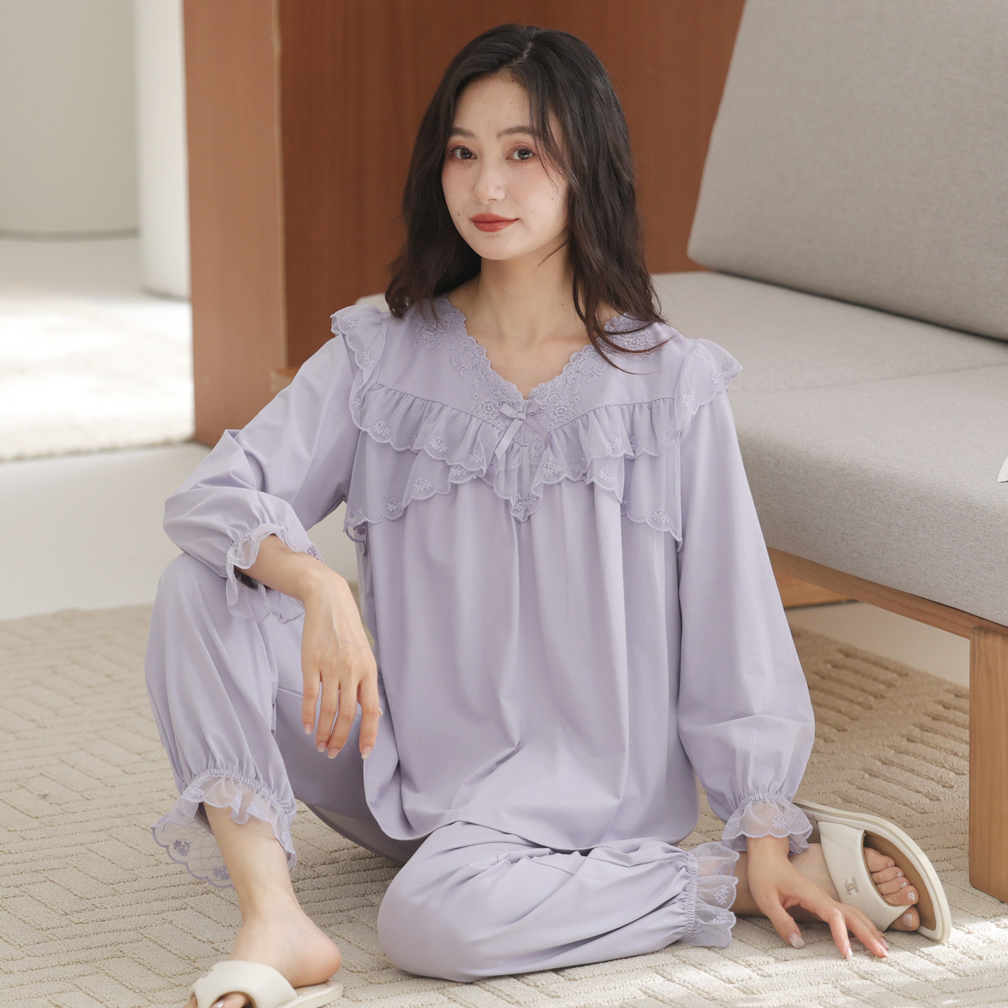 女士春秋纯棉睡衣长袖长裤甜美时尚公主风全棉宫廷风家居服可外穿