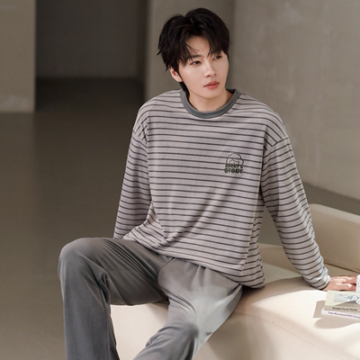 珊瑚绒睡衣男秋冬天保暖加厚家居服休闲可外穿海岛绒薄绒圆领套装