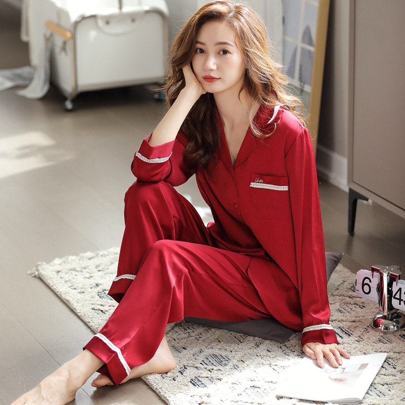 睡衣女冰丝春秋薄款红色长袖开衫性感高级宽松仿真丝绸家居服套装