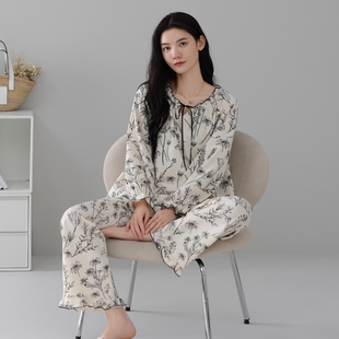 宽松舒适休闲可外穿 套装 纯棉睡衣女长袖 套头全棉家居服春秋天薄款