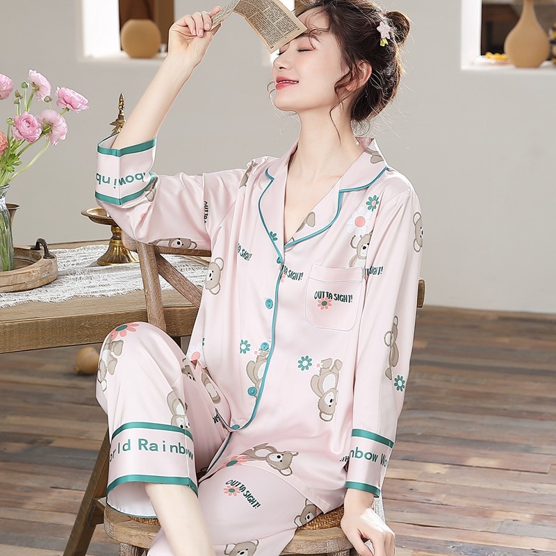 睡衣女春秋季冰丝长袖开衫大码套装春季薄款仿真丝绸可外穿家居服