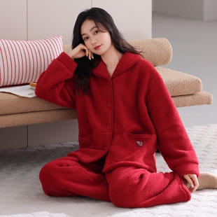 大红色珊瑚绒女款 保暖羊羔绒本命年加绒家居服 睡衣秋冬天加厚开衫
