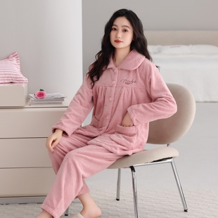 保暖宽松家居服秋冬法兰绒加厚加绒套装 睡衣女冬季 珊瑚绒开衫 新款