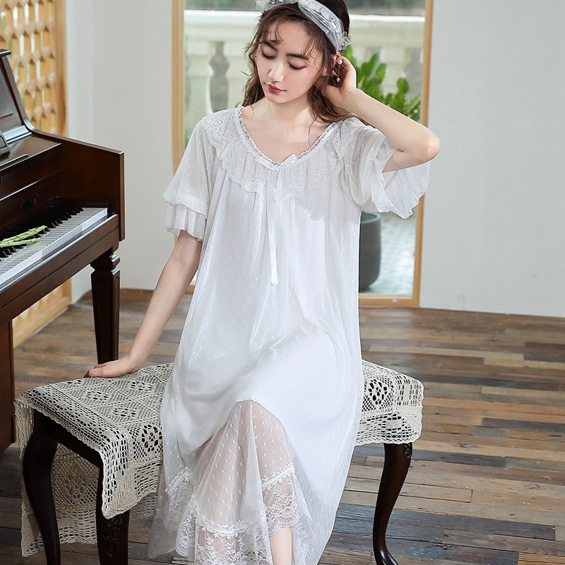 白色睡裙女夏季莫代尔棉仙女风中长款过膝夏天薄款公主风睡衣裙子