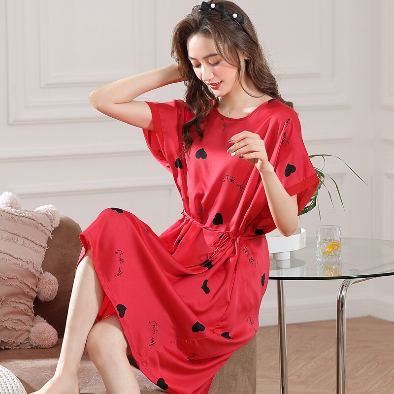 大红色睡裙女士夏季冰丝短袖睡衣中长款虎年本命年宽松家居服裙子