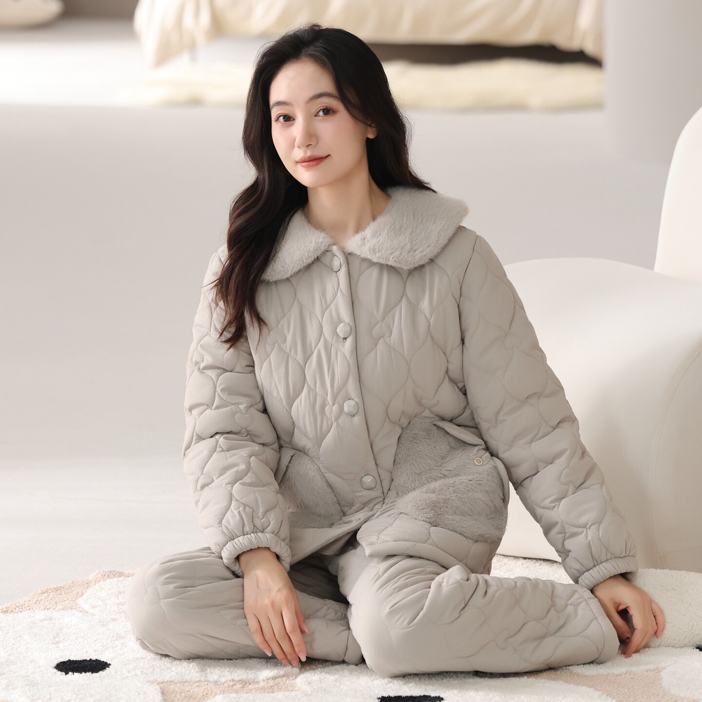 睡衣加厚加绒女士梭织夹棉家居服纯棉全棉三层保暖棉袄冬季珊瑚绒