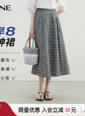 KBNE半身裙女黑色格纹复古伞裙2026夏季新款小个子收腰格子半裙女