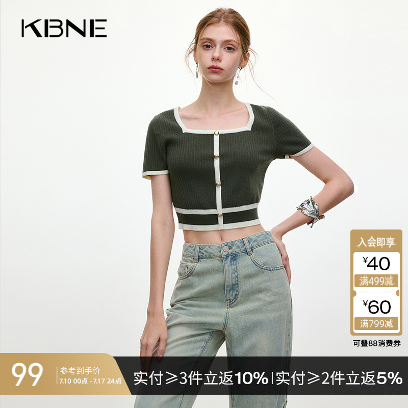 短袖针织衫女军绿色法式方领羊毛上衣KBNE夏季新款休闲薄款上衣