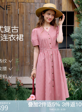 KBNE法式红色格纹连衣裙女2026夏季新款小个子V领短袖收腰长裙子