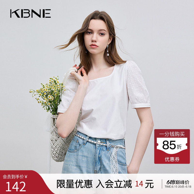 KBNE波嬉风白色泡泡短袖方领恤女2026年夏季新款小个子洋气上衣