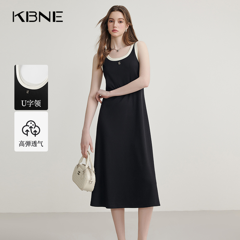 KBNE黑色背心连衣裙女撞色长裙春秋新款小个子针织宽松显瘦裙子