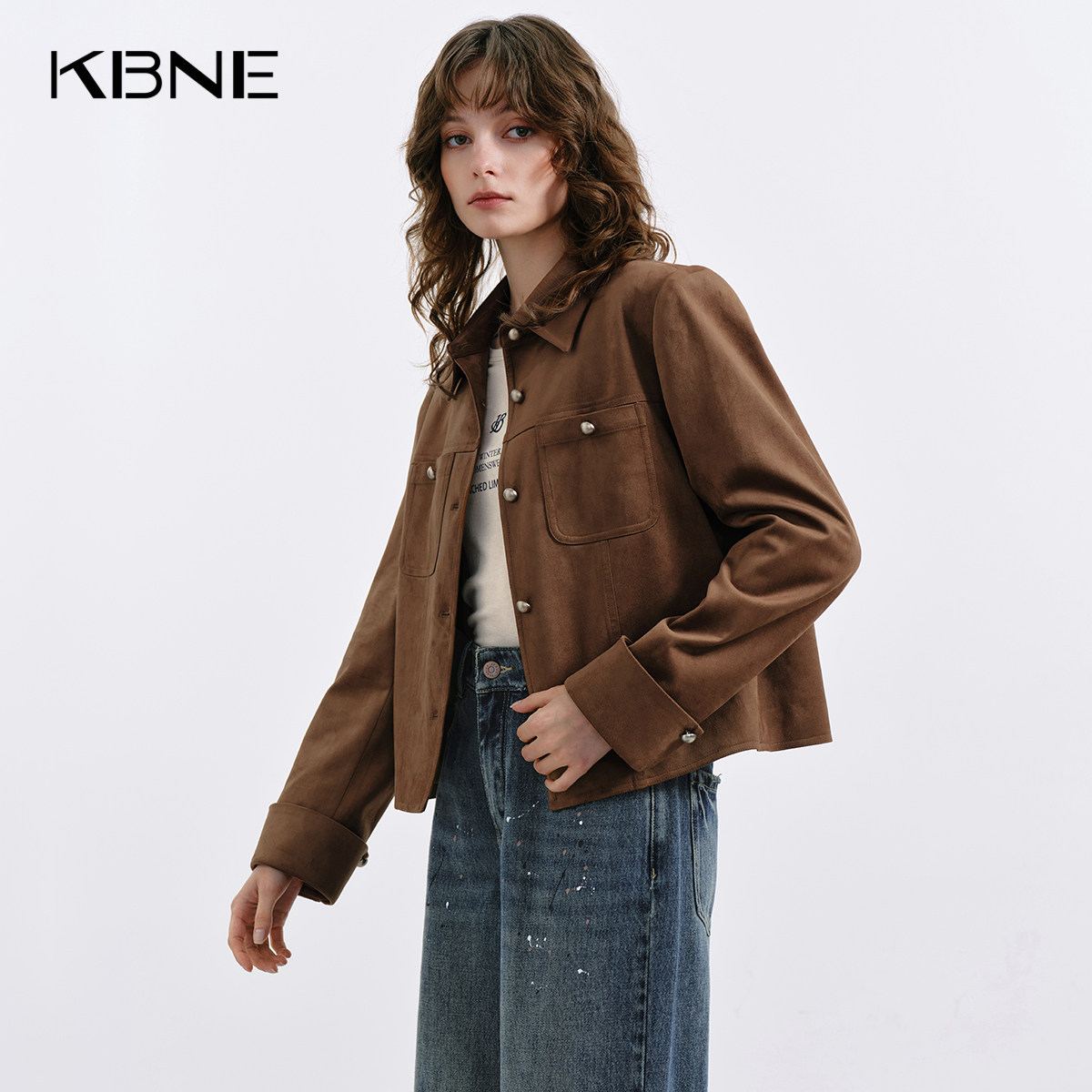 KBNE咖色麂皮绒衬衫短外套2026秋季新款气质夹克高级感长袖上衣女