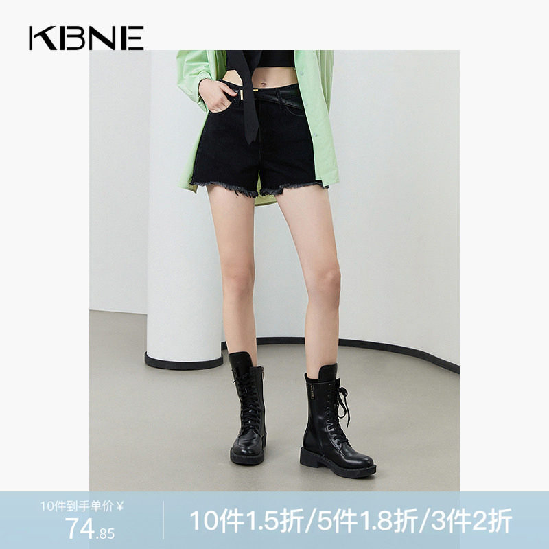 KBNE2025年新款牛仔裤薄款夏季女高腰直筒做旧复古磨破黑色短裤女