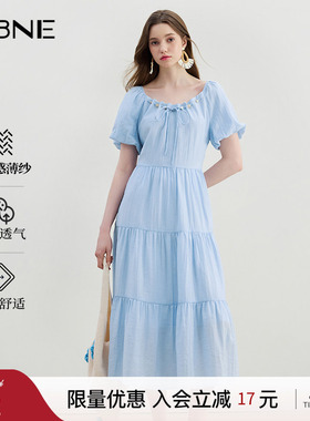 KBNE连衣裙女淡蓝色蛋糕裙法式波嬉风U领2026夏季百搭收腰裙子女
