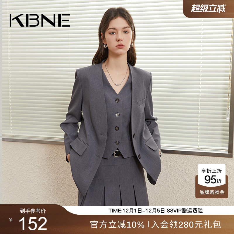 KBNE西装外套女小个子灰色学院风上衣2025春季新款超好看无领西服