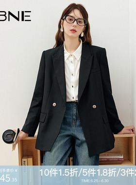 KBNE2025新款长袖双排扣黑色简约阔版宽松通勤休闲西装外套女春秋