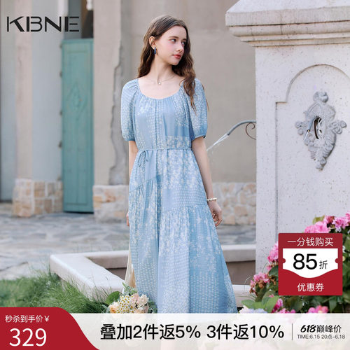 KBNE法式复古植物碎花连衣裙女2026夏季新款泡泡袖气质修身长裙子