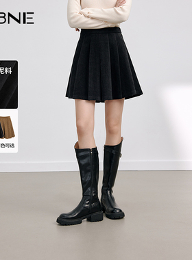 KBNE黑色磨毛半身裙百褶裙2025秋冬新款小个子A字裙半裙气质短裙
