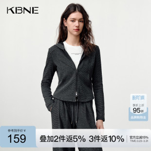长袖 KBNE复古磨毛条纹正肩连帽卫衣女装 短款 新款 灰色外套 2025冬季